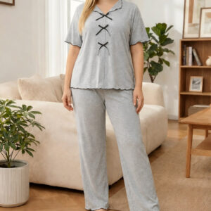 (New) hezel grey Collar with 3 black bow half sleeves night suit