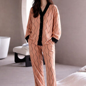 Orange with black linings printed Front button Style night suit For her (RX-441)