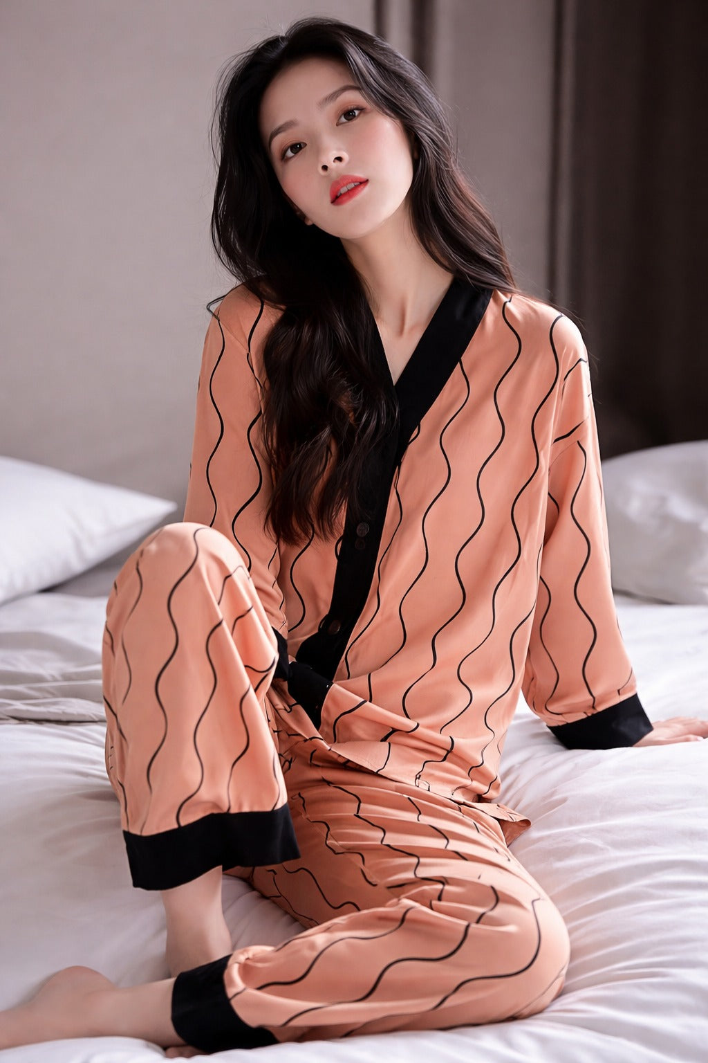 Orange with black linings printed Front button Style night suit For her (RX-441) - Image 3