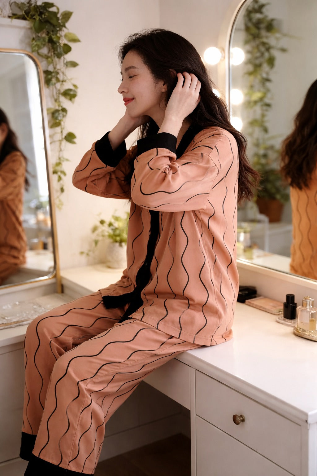 Orange with black linings printed Front button Style night suit For her (RX-441) - Image 4