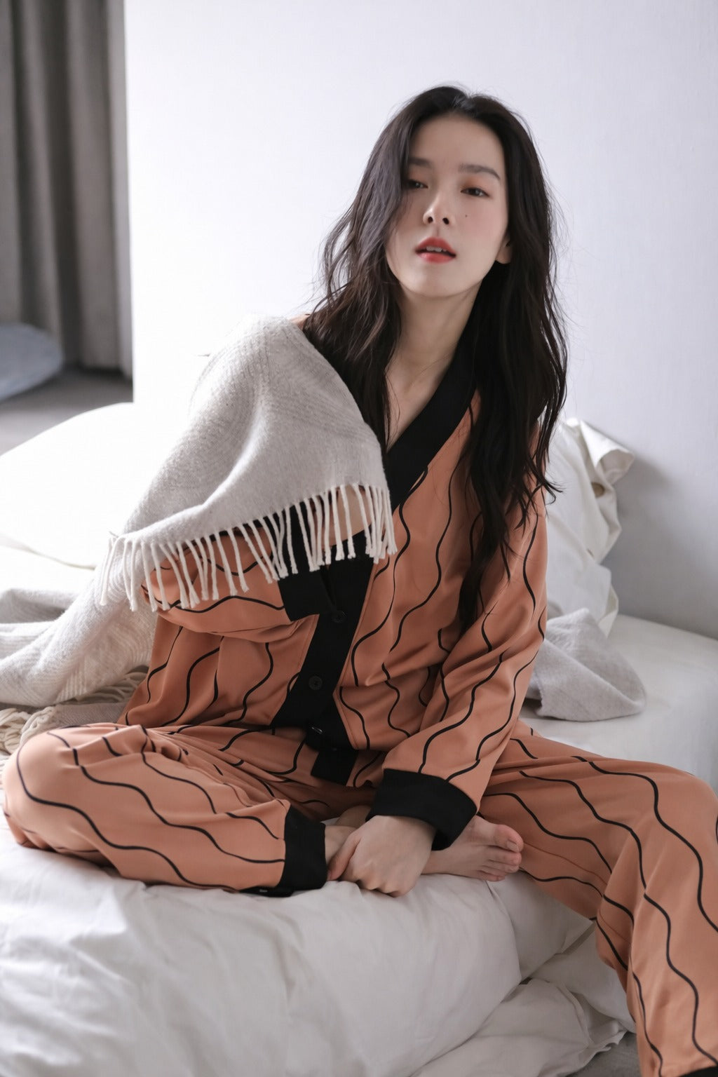 Orange with black linings printed Front button Style night suit For her (RX-441) - Image 5