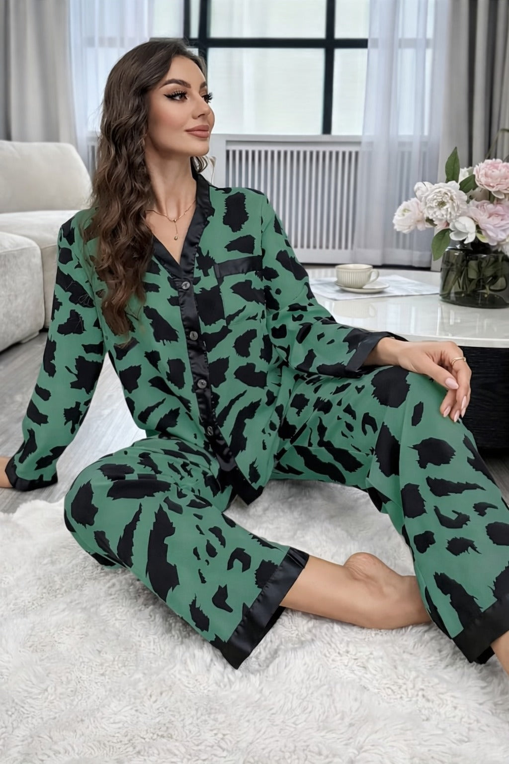 Dark Green with cheetah printed Front button Style night suit For her (RX-442) - Image 5