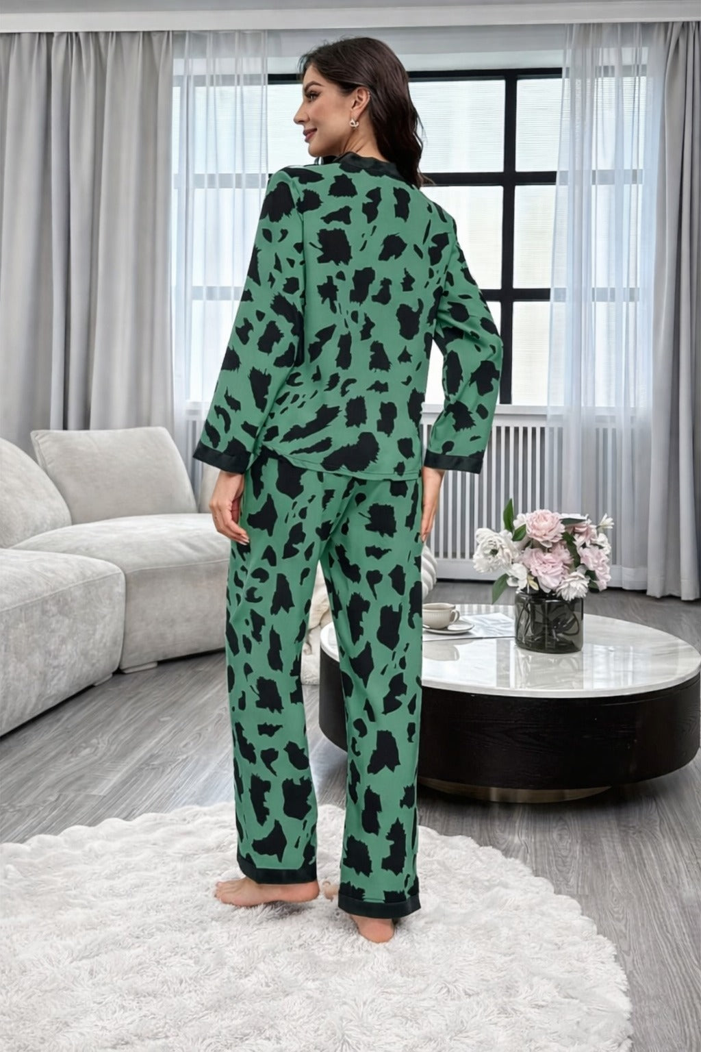Dark Green with cheetah printed Front button Style night suit For her (RX-442) - Image 2