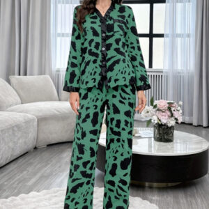 Dark Green with cheetah printed Front button Style night suit For her (RX-442)