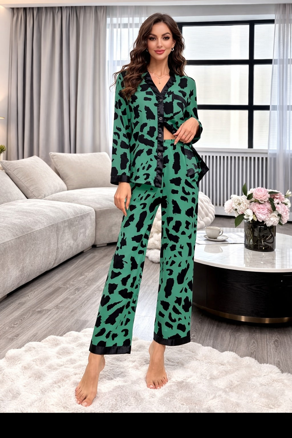 Dark Green with cheetah printed Front button Style night suit For her (RX-442) - Image 4