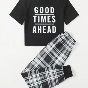 Black Good Things Ahead Printed Half Sleeves T-shirt With Check Printed Trouser Suit (RX-178)