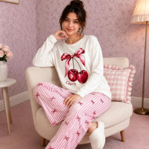Sweet Cherry Printed Full Sleeves Tshirt with Bow Printed Trouser The Ultimate Dream Wear Sleep Suit (RX-528)