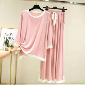 Pink With White Round Neck Flapper Pajama Night Suit (RX-55)